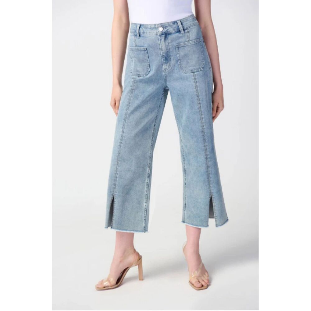 NWT Joseph Ribkoff Vintage Blue Rhinestone Seam Slit Hem Frayed Culotte Jeans 14